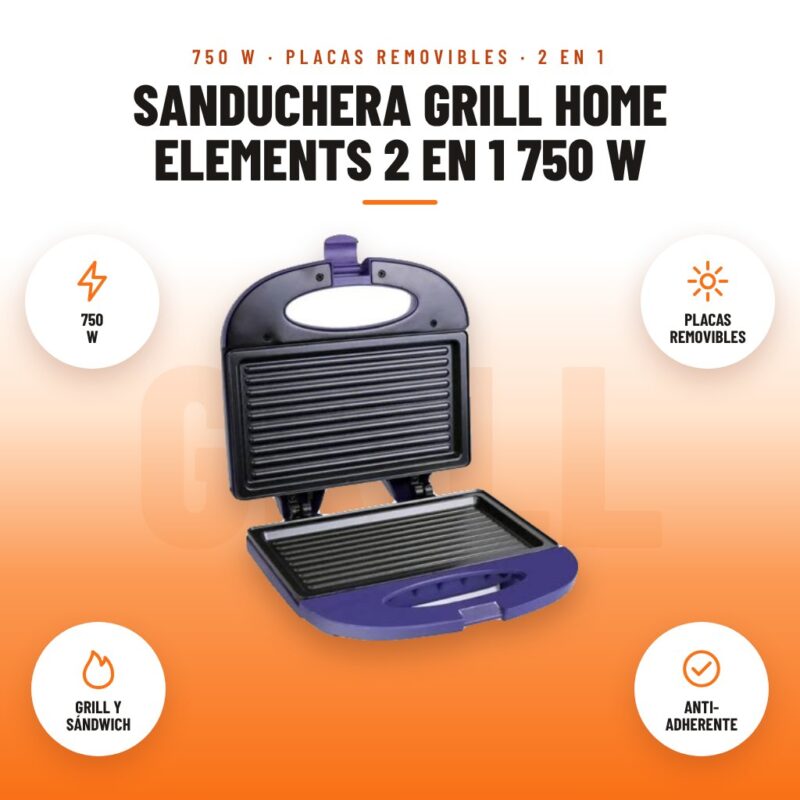 Sanduchera Grill Home Elements 2 en 1 750 W: imagen promocional con 750 w, placas removibles, grill y sándwich, anti- adherente