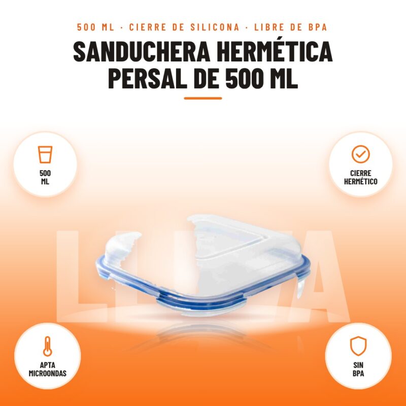 Sanduchera Hermética Persal de 500 ml: imagen promocional con 500 ml, cierre hermético, apta microondas, sin bpa
