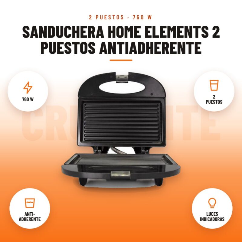 Sanduchera Home Elements 2 Puestos Antiadherente: imagen promocional con 760 w, 2 puestos, anti- adherente, luces indicadoras