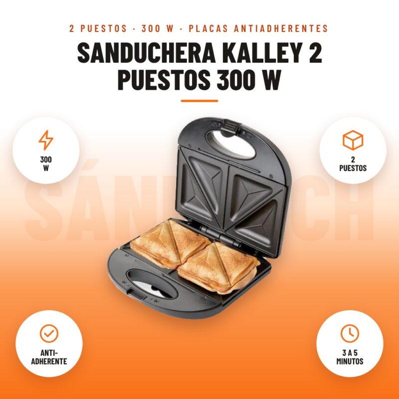 Sanduchera Kalley 2 Puestos 300 W: imagen promocional con 300 w, 2 puestos, anti- adherente, 3 a 5 minutos
