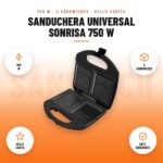 Sanduchera Universal Sonrisa 750 W: imagen promocional con 750 w, 2 sándwiches, sello carita, anti- adherente
