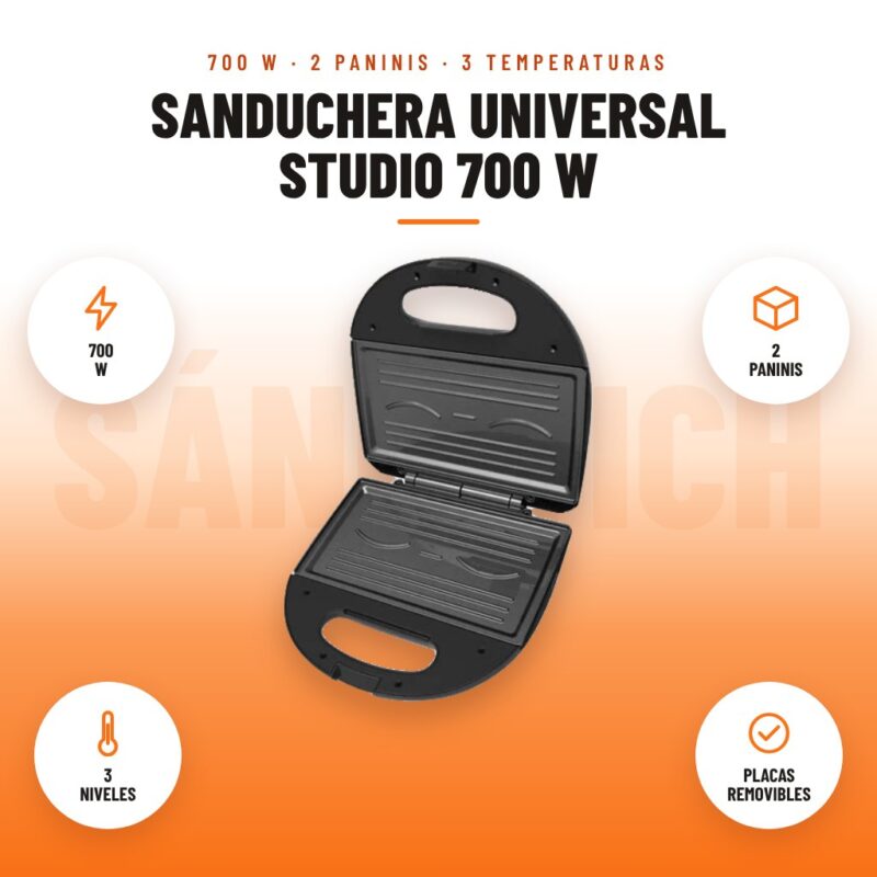 Sanduchera Universal Studio 700 W: imagen promocional con 700 w, 2 paninis, 3 niveles, placas removibles