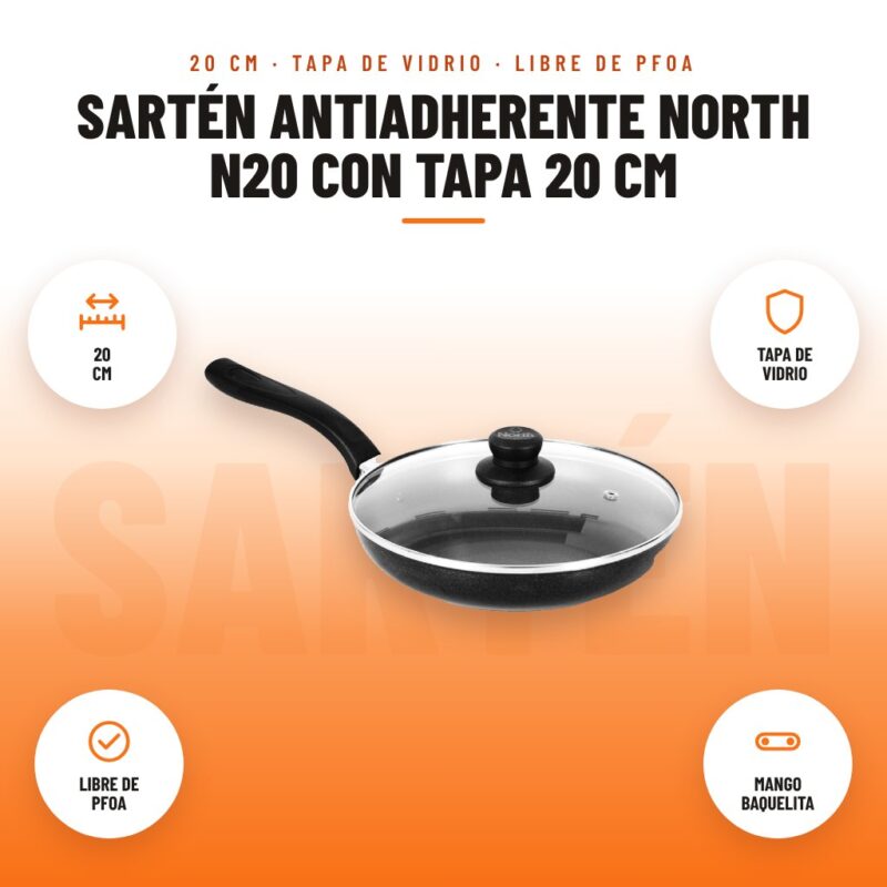 Sartén Antiadherente North N20 con Tapa 20 cm: imagen promocional con 20 cm, tapa de vidrio, libre de pfoa, mango baquelita