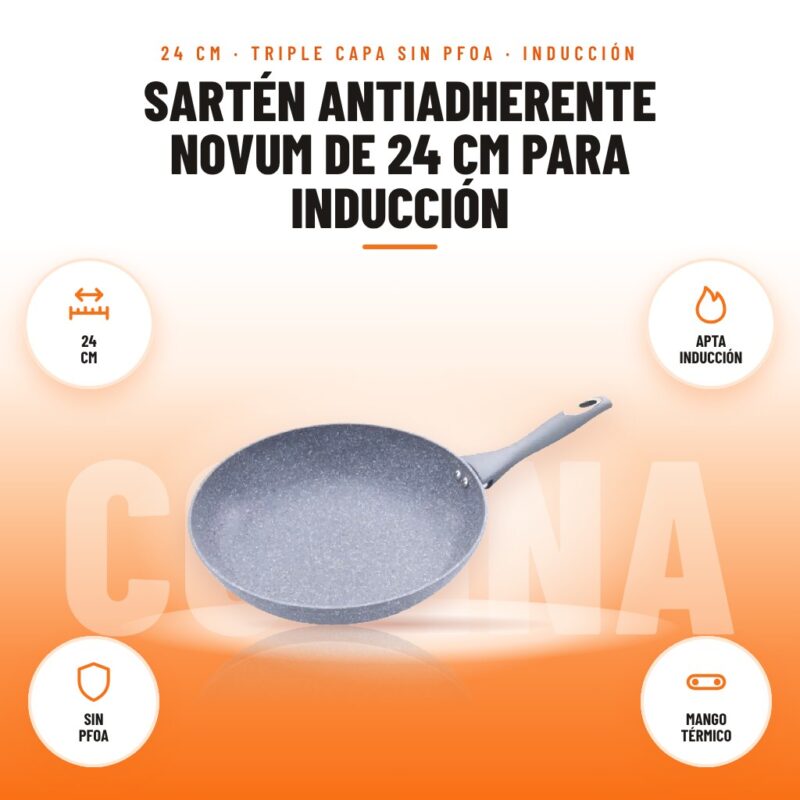 Sartén Antiadherente Novum de 24 cm para Inducción: imagen promocional con 24 cm, apta inducción, sin pfoa, mango térmico