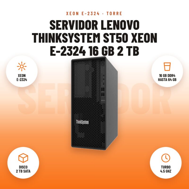 Servidor Lenovo ThinkSystem ST50 Xeon E-2324 16 GB 2 TB: imagen promocional con xeon e-2324, 16 gb ddr4 hasta 64 gb, disco 2 tb sata, turbo 4.5 ghz