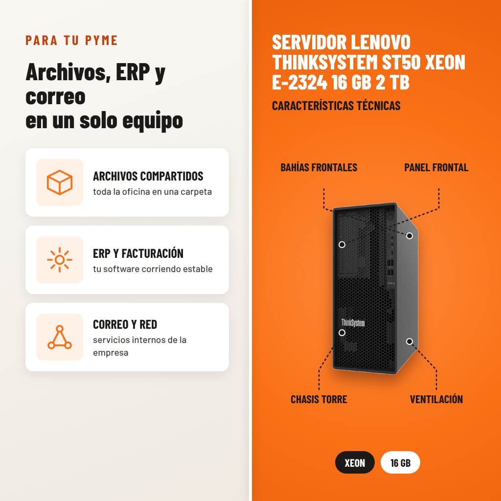 Servidor Lenovo ThinkSystem ST50 Xeon E-2324 16 GB 2 TB: usos y características técnicas señaladas