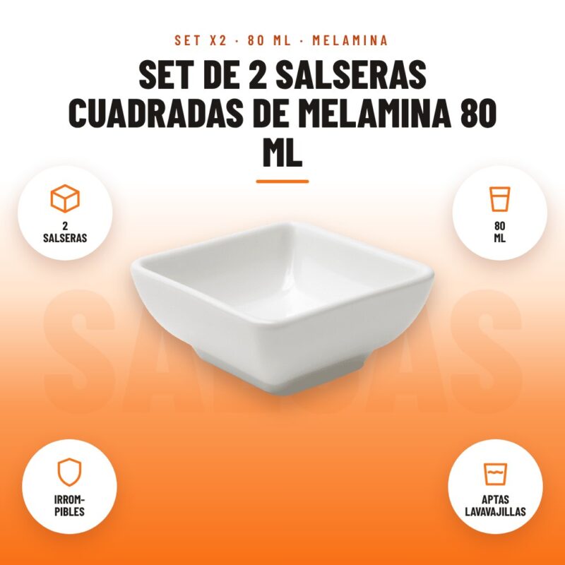 Set de 2 Salseras Cuadradas de Melamina 80 ml: imagen promocional con 2 salseras, 80 ml, irrom- pibles, aptas lavavajillas