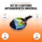 Set de 3 Sartenes Antiadherentes Universal: imagen promocional con 3 sartenes, 18 · 20 24 cm, anti- adherente, mangos baquelita