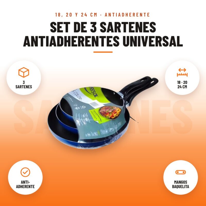 Set de 3 Sartenes Antiadherentes Universal: imagen promocional con 3 sartenes, 18 · 20 24 cm, anti- adherente, mangos baquelita