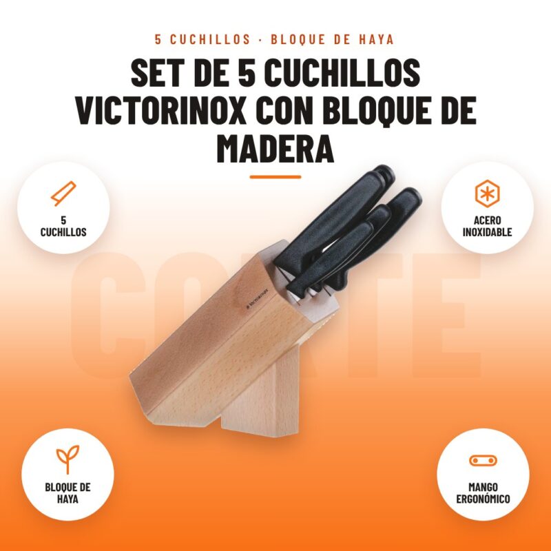 Set de 5 Cuchillos Victorinox con Bloque de Madera: imagen promocional con 5 cuchillos, acero inoxidable, bloque de haya, mango ergonómico