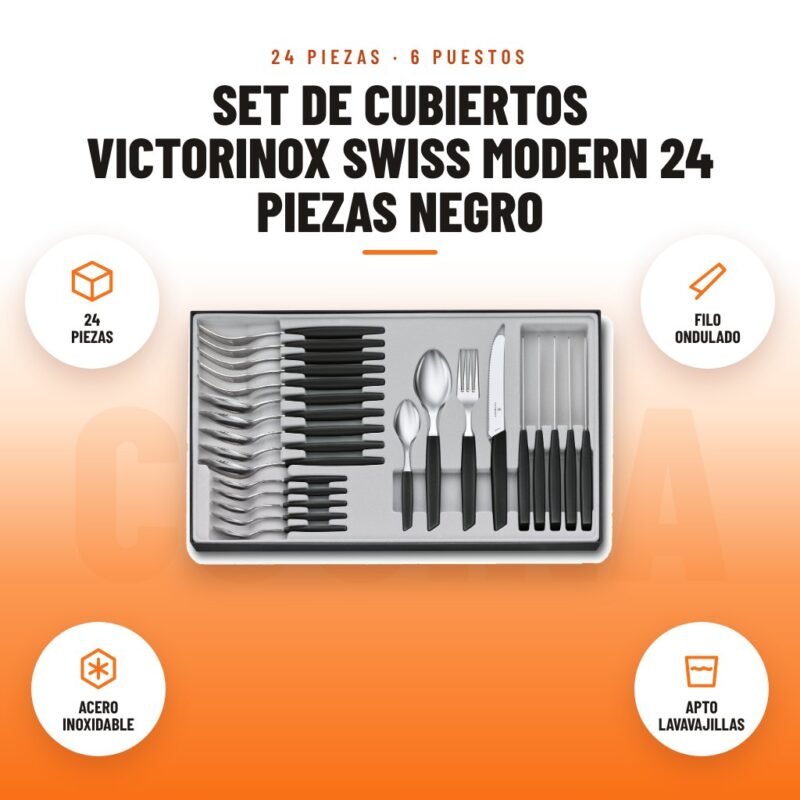 Set de cubiertos Victorinox Swiss Modern 24 piezas negro: imagen promocional con 24 piezas, filo ondulado, acero inoxidable, apto lavavajillas