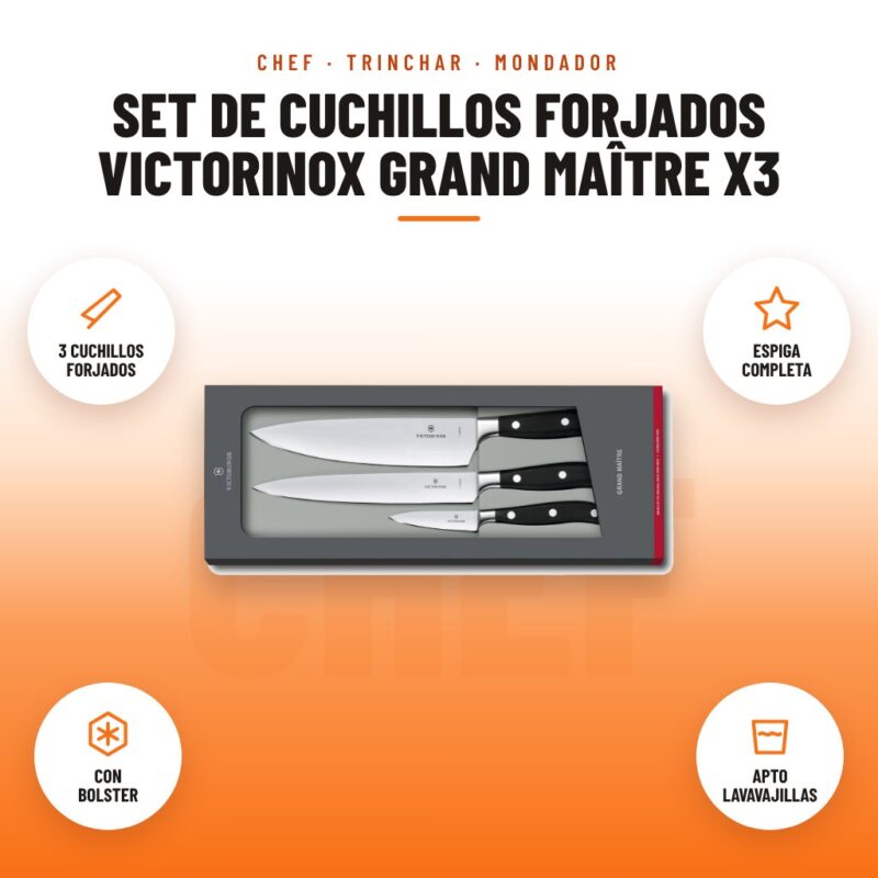 Set de Cuchillos Forjados Victorinox Grand Maître x3: imagen promocional con 3 cuchillos forjados, espiga completa, con bolster, apto lavavajillas