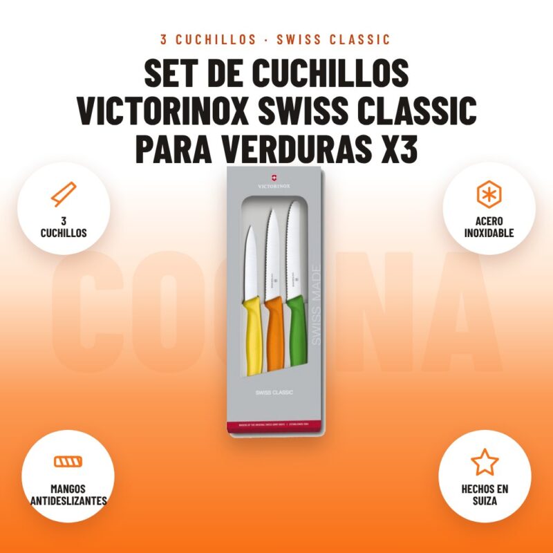 Set de cuchillos Victorinox Swiss Classic para verduras x3: imagen promocional con 3 cuchillos, acero inoxidable, mangos antideslizantes, hechos en suiza