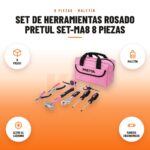 Set de Herramientas Rosado Pretul SET-MA8 8 Piezas: imagen promocional con 8 piezas, maletín, acero al carbono, mangos ergonómicos