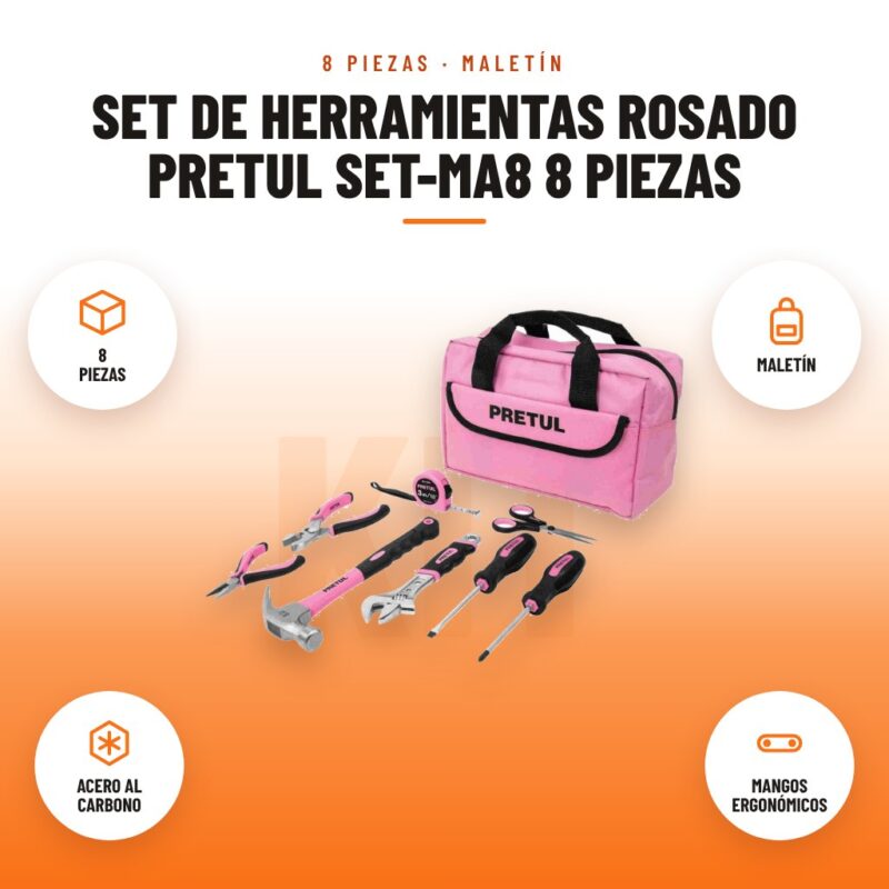 Set de Herramientas Rosado Pretul SET-MA8 8 Piezas: imagen promocional con 8 piezas, maletín, acero al carbono, mangos ergonómicos