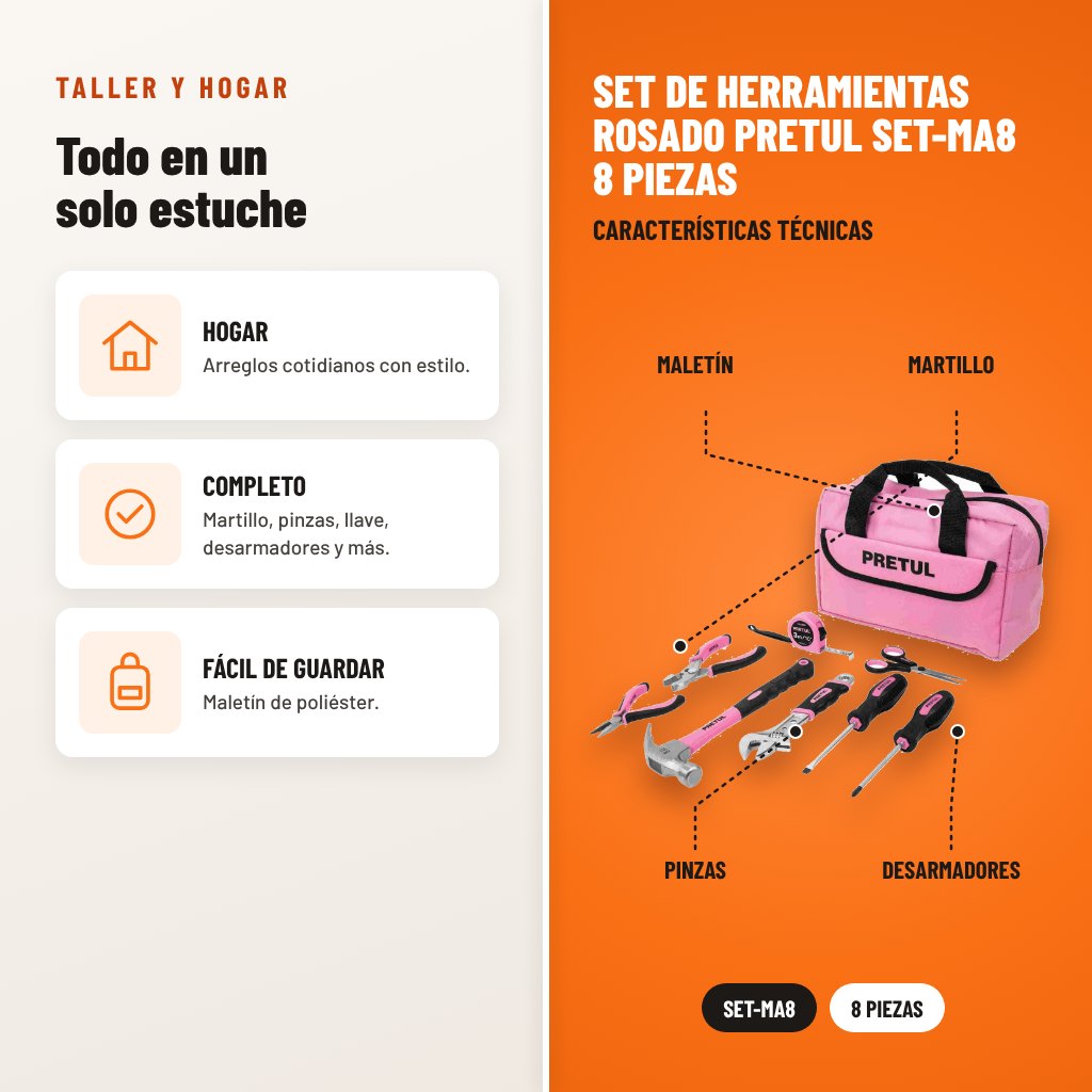 Set de Herramientas Rosado Pretul SET-MA8 8 Piezas: usos y características técnicas señaladas