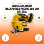 Sierra Caladora Inalámbrica Pretul 20V con Batería: imagen promocional con 20v 2 ah, 2500 spm, guía láser, bisel 45°
