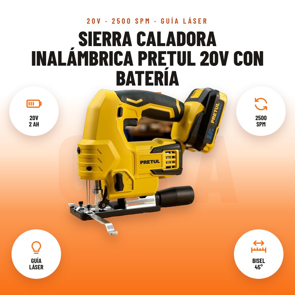 Sierra Caladora Inalámbrica Pretul 20V con Batería: imagen promocional con 20v 2 ah, 2500 spm, guía láser, bisel 45°