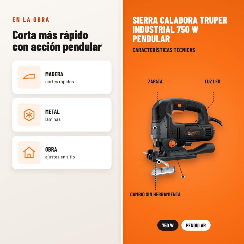Sierra Caladora Truper Industrial 750 W Pendular: usos y características técnicas señaladas