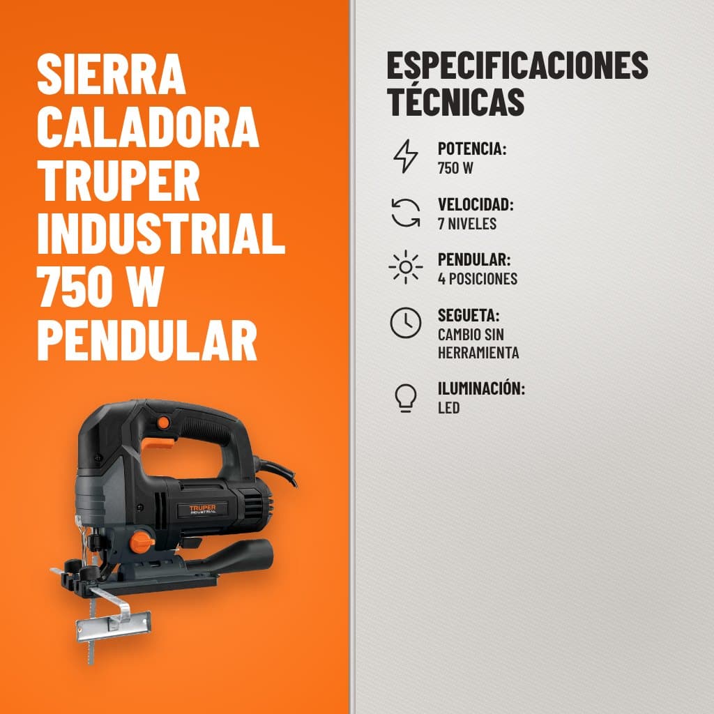 Especificaciones técnicas de Sierra Caladora Truper Industrial 750 W Pendular