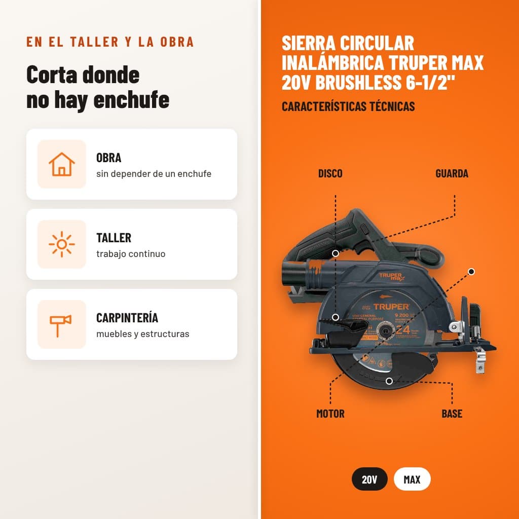 Sierra Circular Inalámbrica Truper MAX 20V Brushless 6-1/2": usos y características técnicas señaladas