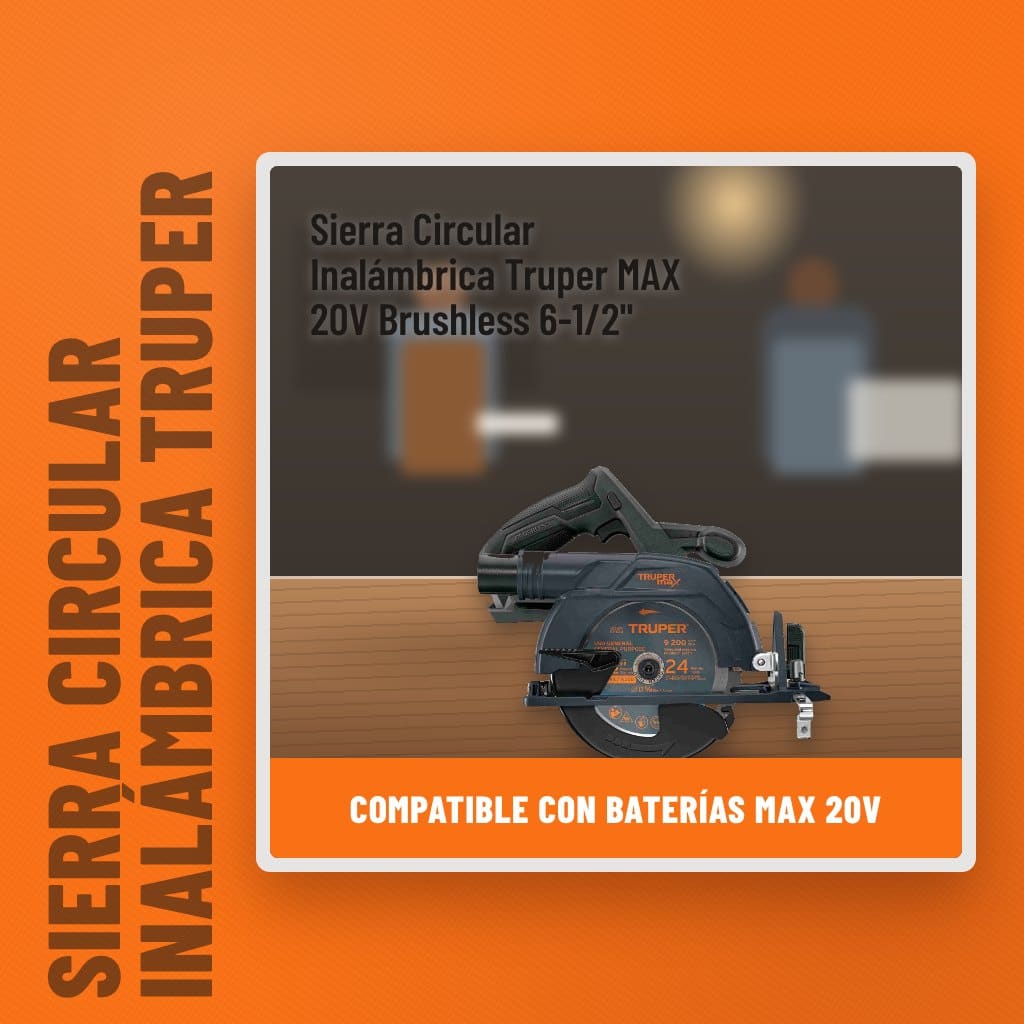 Sierra Circular Inalámbrica Truper MAX 20V Brushless 6-1/2" en un taller con un profesional al fondo