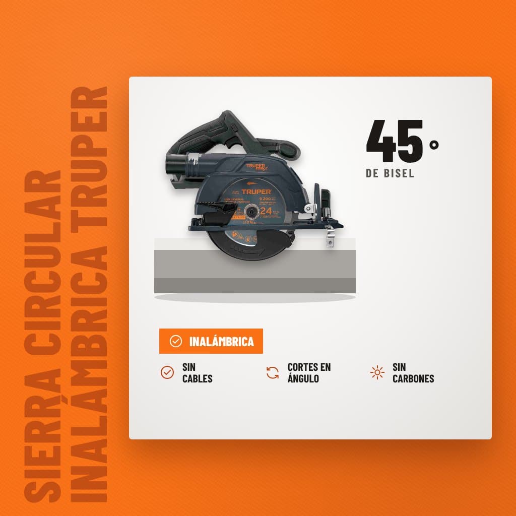 Sierra Circular Inalámbrica Truper MAX 20V Brushless 6-1/2" sobre soporte con sus beneficios principales