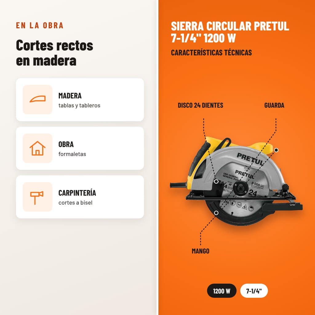 Sierra Circular Pretul 7-1/4" 1200 W: usos y características técnicas señaladas