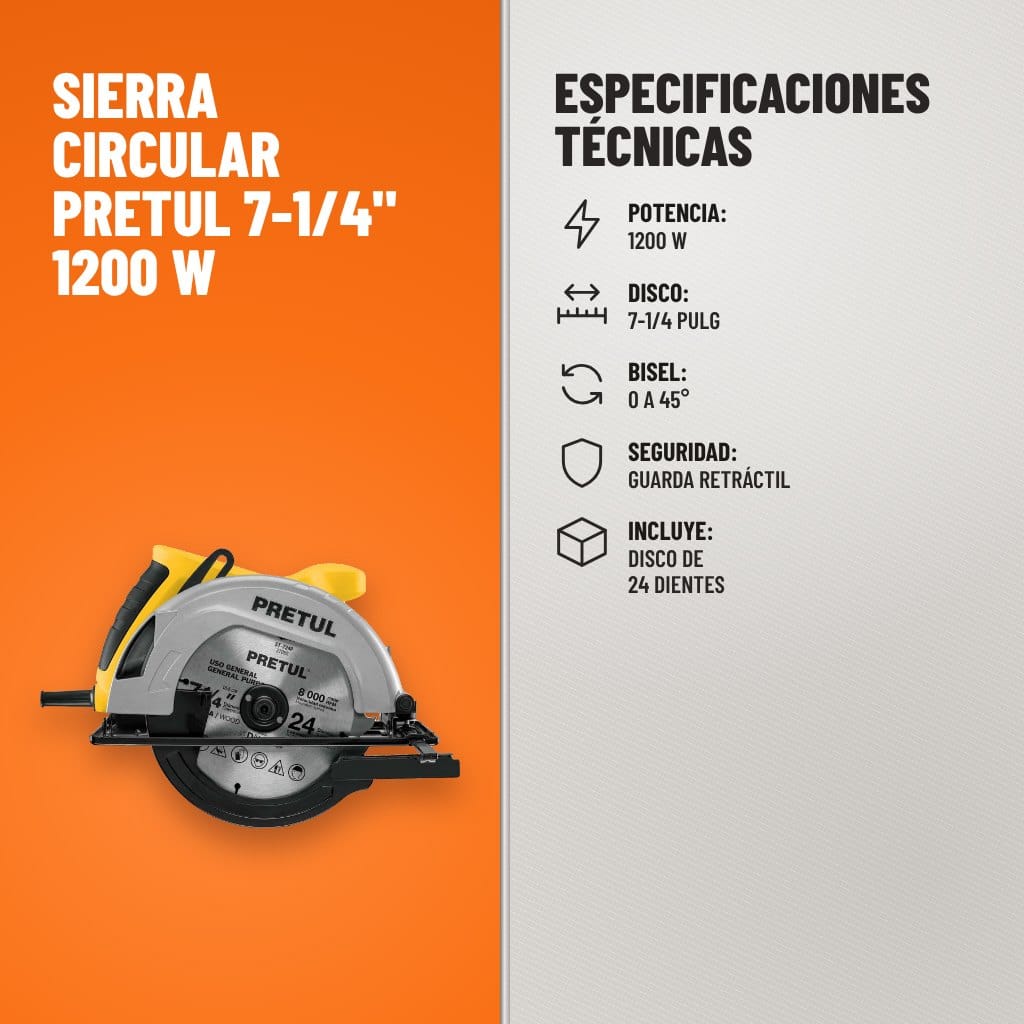 Especificaciones técnicas de Sierra Circular Pretul 7-1/4" 1200 W