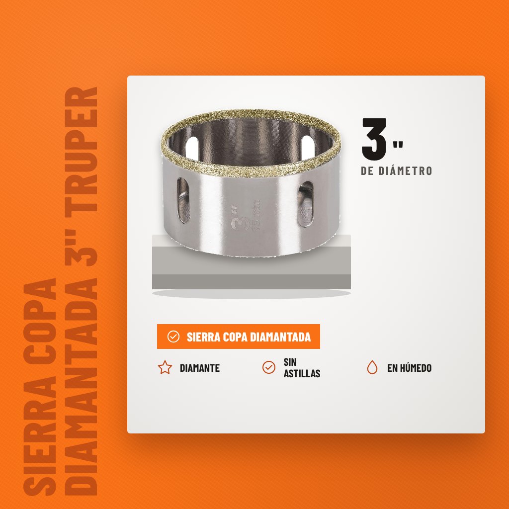 Sierra Copa Diamantada 3" Truper Borde Continuo sobre soporte con sus beneficios principales