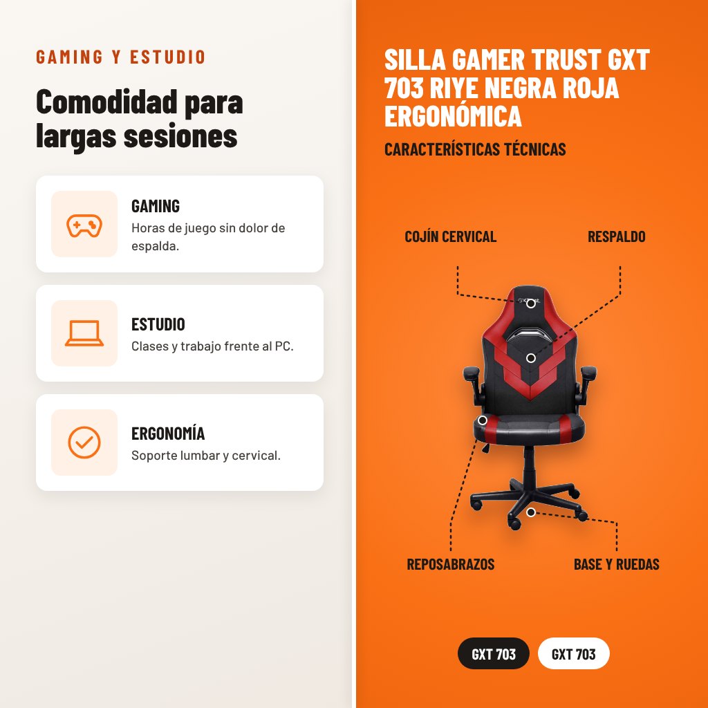 Silla Gamer Trust GXT 703 Riye Negra Roja Ergonómica: usos y características técnicas señaladas