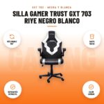 Silla Gamer Trust GXT 703 Riye Negro Blanco: imagen promocional con reclinable 155°, hasta 150 kg, reposapiés retráctil, cojín lumbar