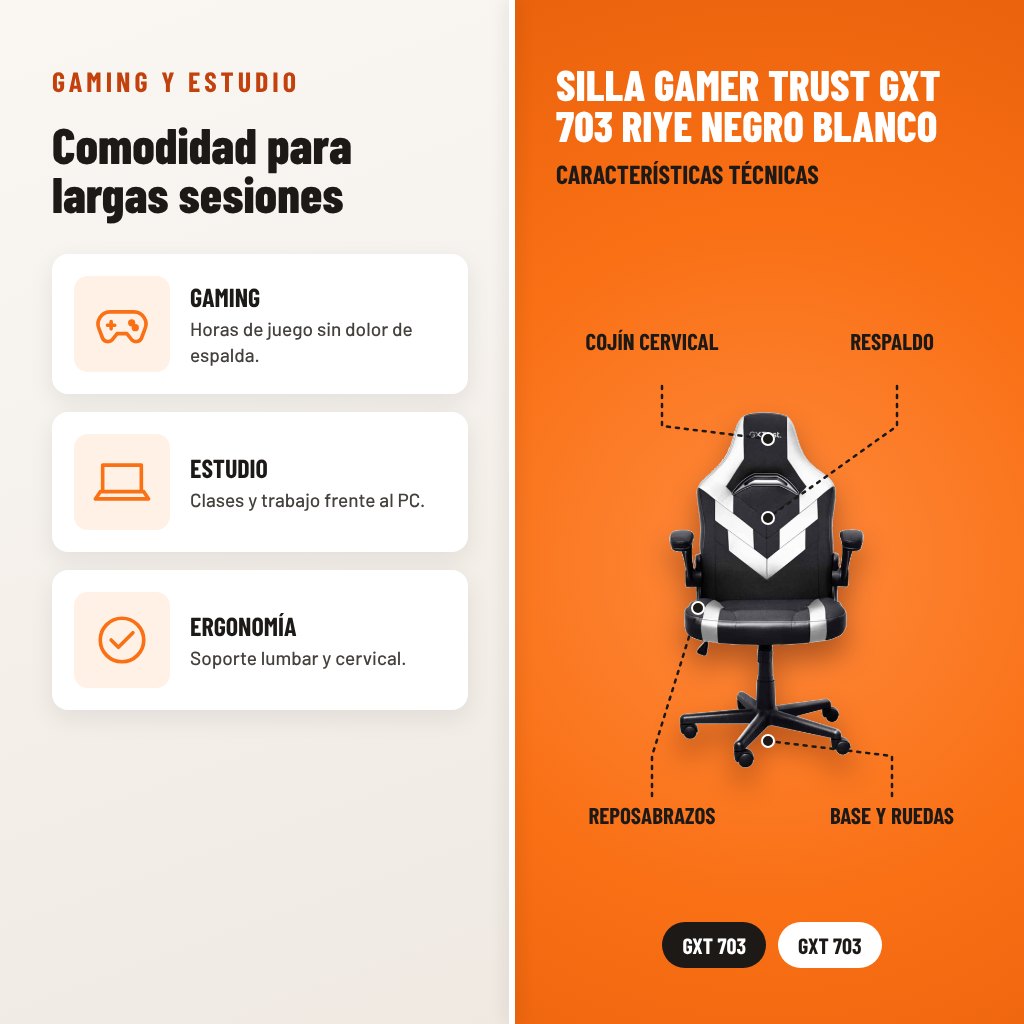 Silla Gamer Trust GXT 703 Riye Negro Blanco: usos y características técnicas señaladas