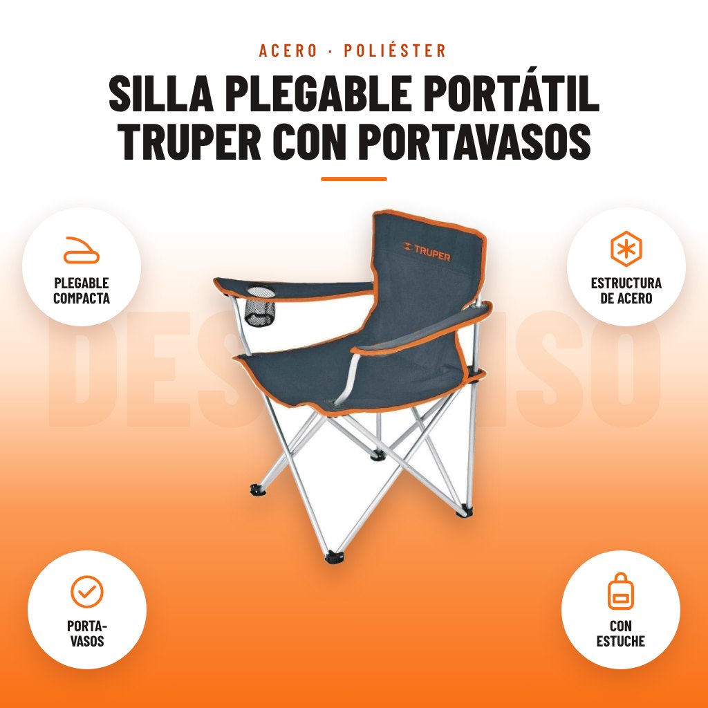 Silla Plegable Portátil Truper con Portavasos: imagen promocional con plegable compacta, estructura de acero, porta- vasos, con estuche