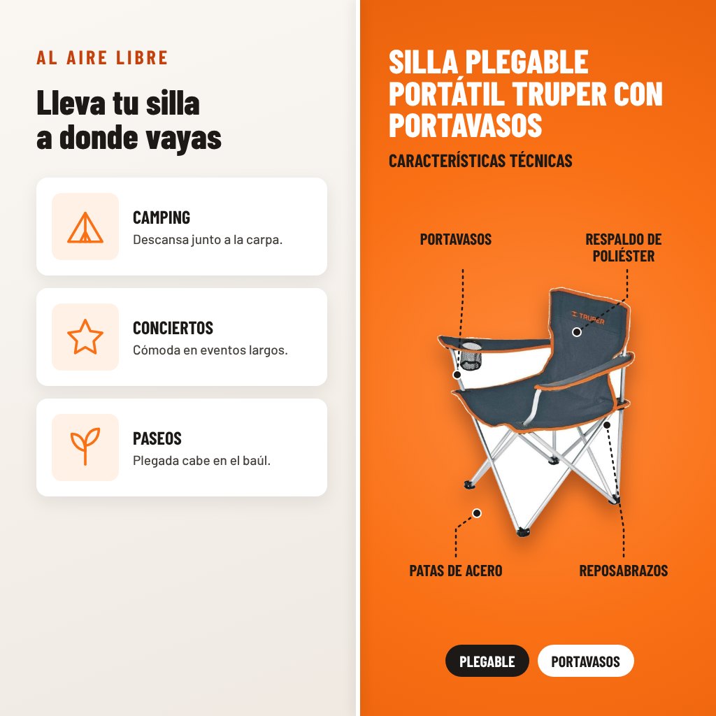Silla Plegable Portátil Truper con Portavasos: usos y características técnicas señaladas
