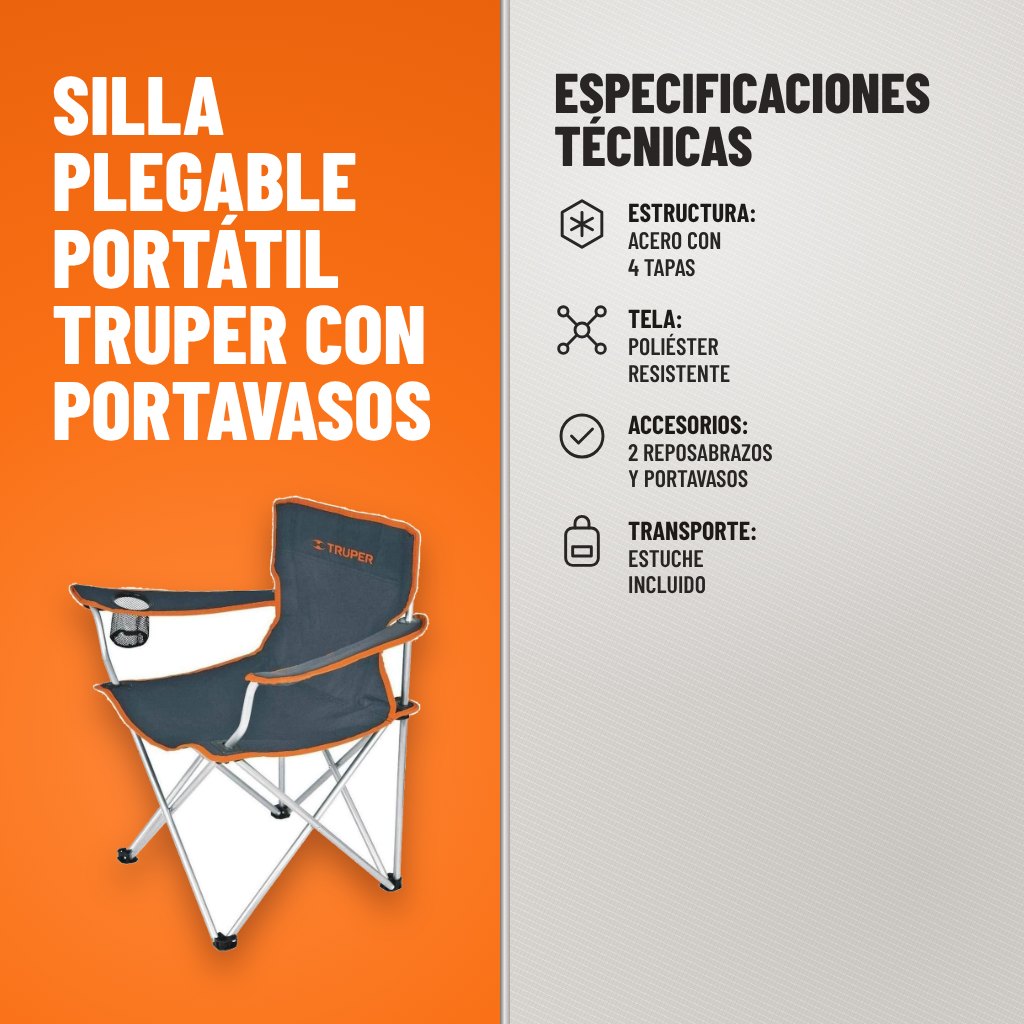 Especificaciones técnicas de Silla Plegable Portátil Truper con Portavasos