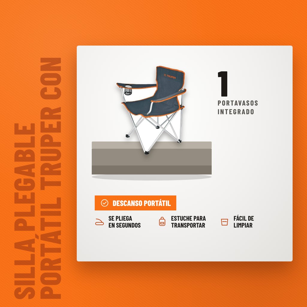 Silla Plegable Portátil Truper con Portavasos sobre soporte con sus beneficios principales