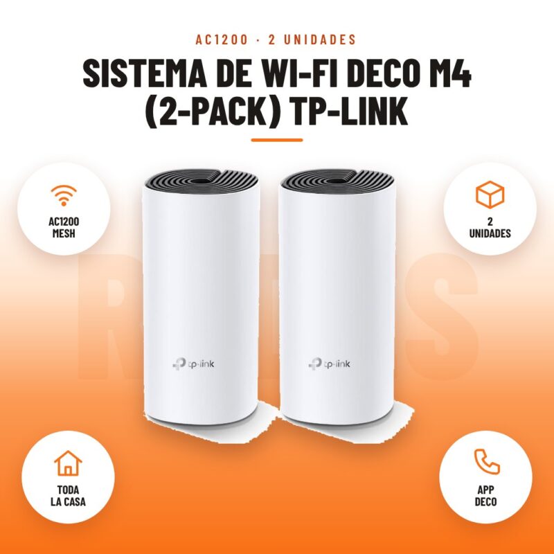 Sistema de Wi-Fi Deco M4 (2-pack) Tp-link: imagen promocional con ac1200 mesh, 2 unidades, toda la casa, app deco