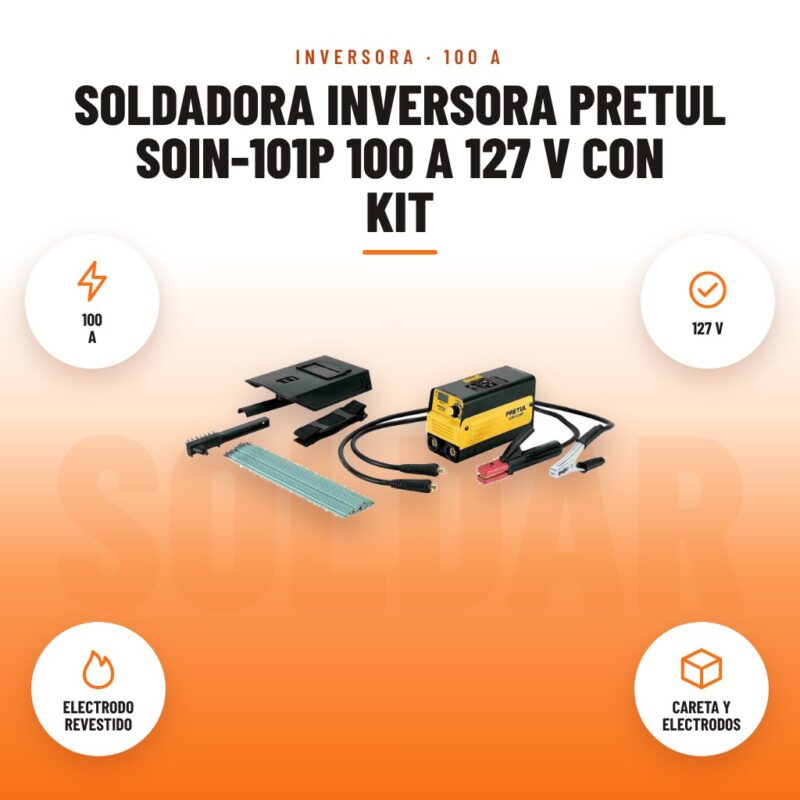 Soldadora Inversora Pretul SOIN-101P 100 A 127 V con Kit: imagen promocional con 100 a, 127 v, electrodo revestido, careta y electrodos