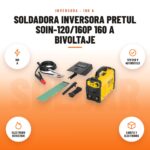 Soldadora Inversora Pretul SOIN-120/160P 160 A Bivoltaje: imagen promocional con 160 a, 127/220 v automático, electrodo revestido, careta y electrodos