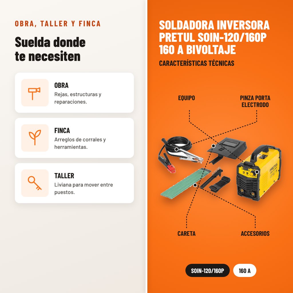 Soldadora Inversora Pretul SOIN-120/160P 160 A Bivoltaje: usos y características técnicas señaladas