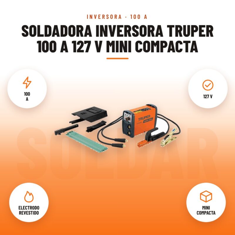 Soldadora Inversora Truper 100 A 127 V Mini Compacta: imagen promocional con 100 a, 127 v, electrodo revestido, mini compacta