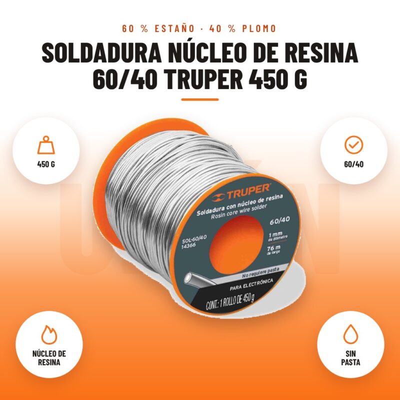 Soldadura Núcleo de Resina 60/40 Truper 450 g: imagen promocional con 450 g, 60/40, núcleo de resina, sin pasta