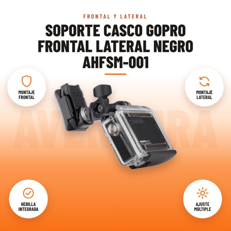Soporte Casco GoPro Frontal Lateral Negro AHFSM-001: imagen promocional con montaje frontal, montaje lateral, hebilla integrada, ajuste múltiple