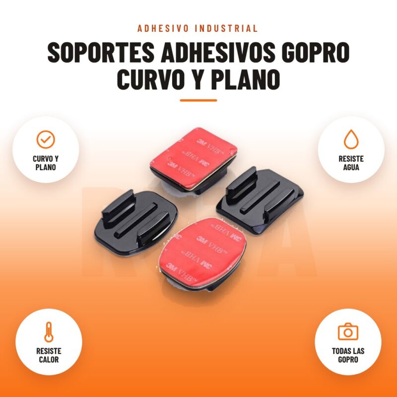 Soportes Adhesivos GoPro Curvo y Plano: imagen promocional con curvo y plano, resiste agua, resiste calor, todas las gopro