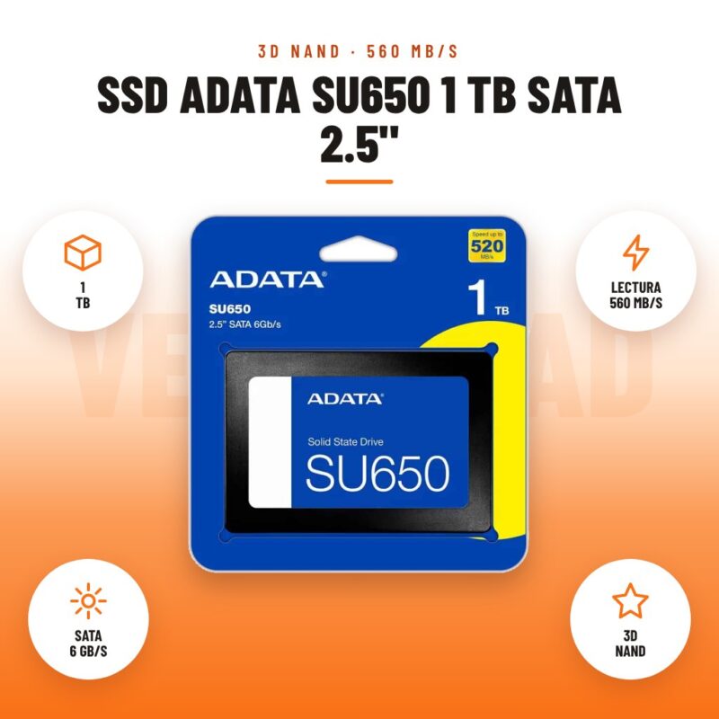 SSD ADATA SU650 1 TB SATA 2.5": imagen promocional con 1 tb, lectura 560 mb/s, sata 6 gb/s, 3d nand