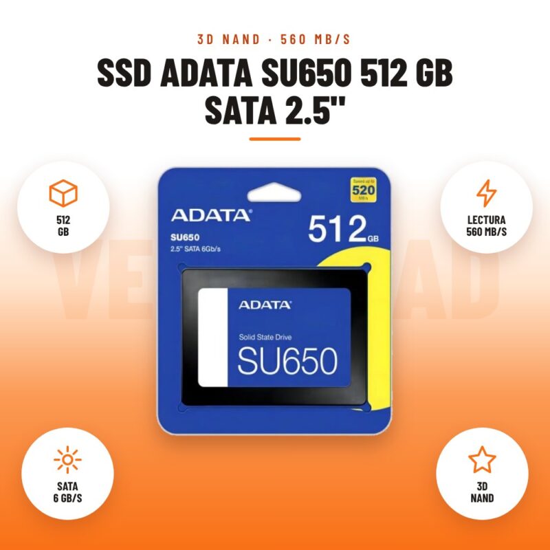 SSD ADATA SU650 512 GB SATA 2.5": imagen promocional con 512 gb, lectura 560 mb/s, sata 6 gb/s, 3d nand