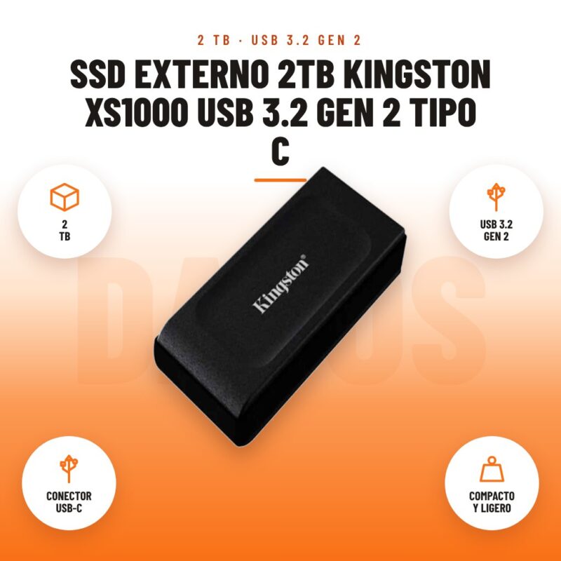 SSD Externo 2TB Kingston XS1000 USB 3.2 Gen 2 Tipo C: imagen promocional con 2 tb, usb 3.2 gen 2, conector usb-c, compacto y ligero