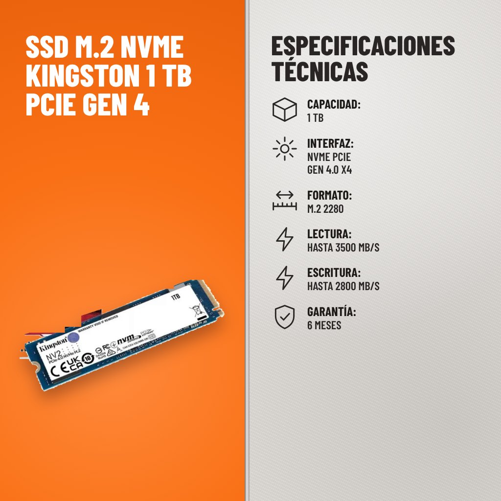 Especificaciones técnicas de SSD M.2 NVMe Kingston 1 TB PCIe Gen 4