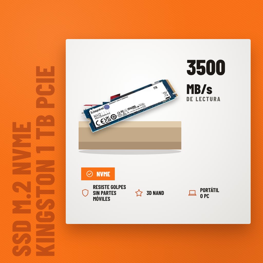 SSD M.2 NVMe Kingston 1 TB PCIe Gen 4 sobre soporte con sus beneficios principales